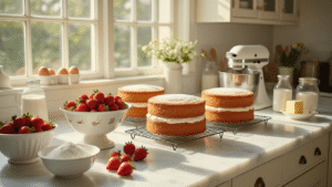 Strawberry Shortcake Wedding Cake: The Ultimate Elegant Dessert A sunlit professional kitchen featuring three cooling golden-brown cake layers on a white marble countertop, surrounded by fresh strawberries, baking ingredients, and meticulous stainless steel tools, captured in a warm, elegant style.