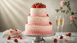 Champagne Wedding Cake with Strawberry Buttercream: A Luxurious Celebration Dessert Elegant three-tiered champagne wedding cake adorned with blush-pink strawberry buttercream, fresh strawberries, and edible gold leaf on a silver pedestal, set against a soft-focus background with champagne glasses and rose petals.