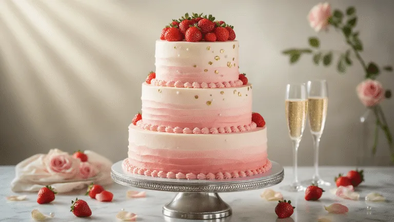 Champagne Wedding Cake with Strawberry Buttercream: A Luxurious Celebration Dessert Elegant three-tiered champagne wedding cake adorned with blush-pink strawberry buttercream, fresh strawberries, and edible gold leaf on a silver pedestal, set against a soft-focus background with champagne glasses and rose petals.
