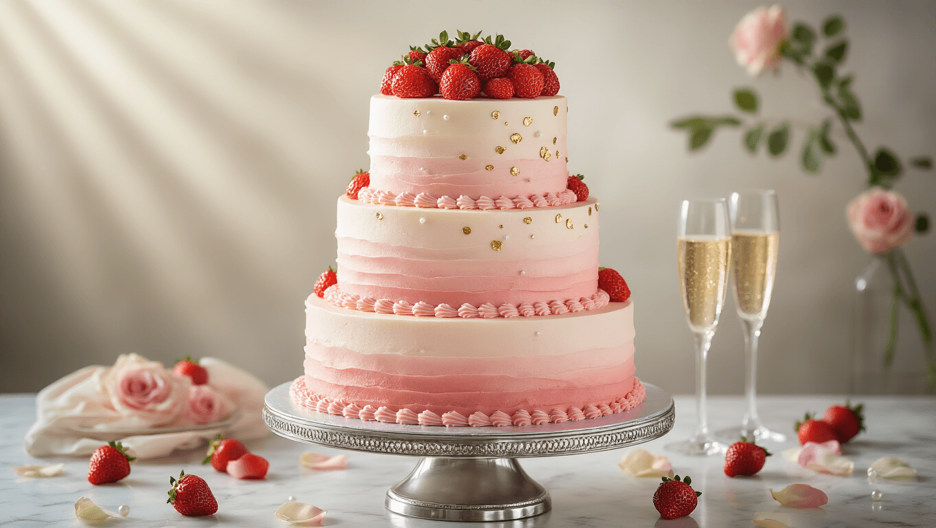 Elegant three-tiered champagne wedding cake adorned with blush-pink strawberry buttercream, fresh strawberries, and edible gold leaf on a silver pedestal, set against a soft-focus background with champagne glasses and rose petals.