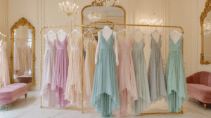 The Ultimate Guide to Rocking a High-Low Chiffon Birthday Dress: Your Complete Style Guide A luxury boutique interior featuring an elegant display of high-low chiffon dresses in pastel and jewel tones, arranged on brass hangers against cream walls, with ornate mirrors and soft lighting from crystal chandeliers, set on marble flooring with velvet seating.