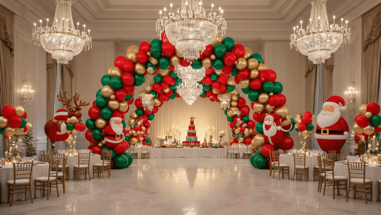 Magical Christmas Balloons: Your Ultimate Guide to Festive Holiday Decor A grand ballroom decorated for Christmas with a sweeping red, emerald green, and gold balloon arch, elegant tables with white linens, whimsical character balloons, and twinkling fairy lights, all illuminated by warm chandeliers.