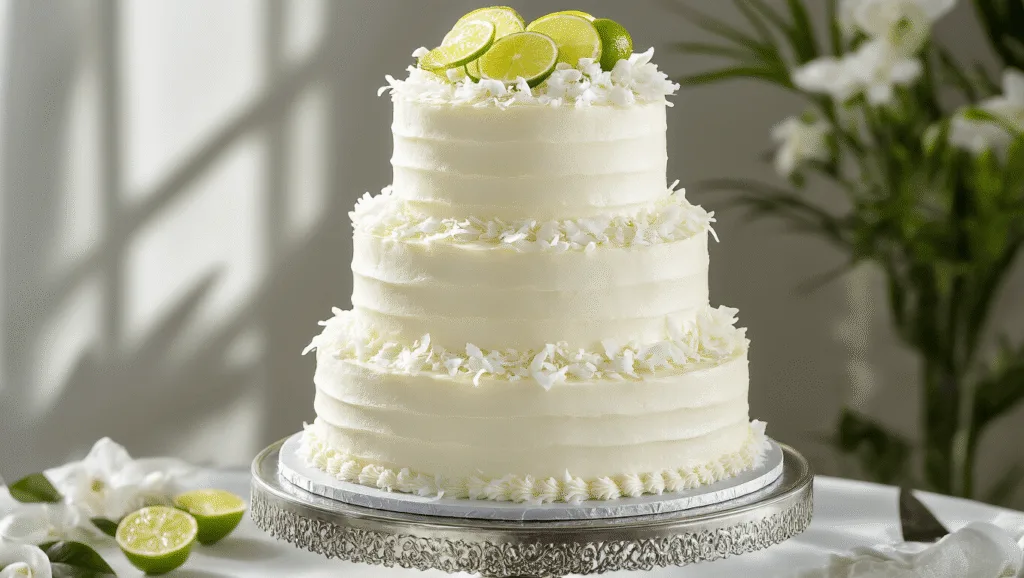 Tropical Elegance: Coconut Wedding Cake with Zesty Lime Filling A luxurious three-tiered wedding cake on a silver stand, featuring white coconut cream cheese frosting, fresh coconut flakes, lime zest curls, and adorned with lime slices and edible flowers, against a soft-focus garden background.