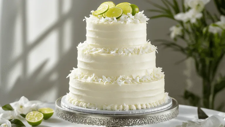 Tropical Elegance: Coconut Wedding Cake with Zesty Lime Filling A luxurious three-tiered wedding cake on a silver stand, featuring white coconut cream cheese frosting, fresh coconut flakes, lime zest curls, and adorned with lime slices and edible flowers, against a soft-focus garden background.