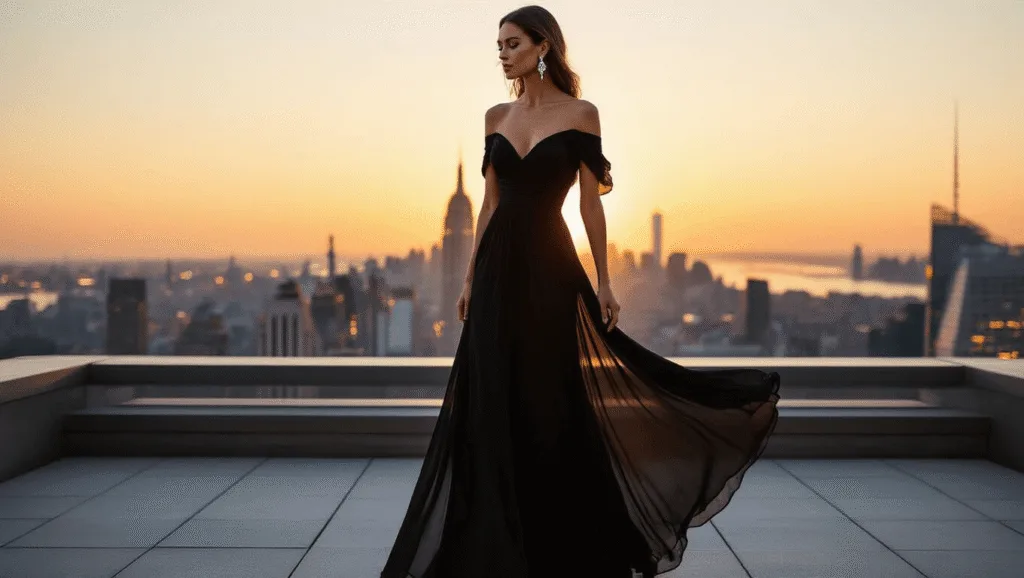 Cold-Shoulder Evening Dresses: Your Ultimate Style Guide for 2024 Elegant black cold-shoulder evening gown on a Manhattan rooftop terrace at sunset, highlighting flowing silk chiffon fabric and diamond earrings against a twinkling city skyline.