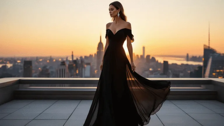 Cold-Shoulder Evening Dresses: Your Ultimate Style Guide for 2024 Elegant black cold-shoulder evening gown on a Manhattan rooftop terrace at sunset, highlighting flowing silk chiffon fabric and diamond earrings against a twinkling city skyline.