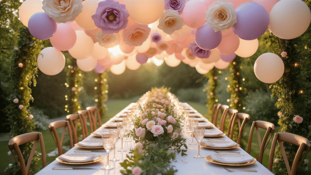 Flower Balloons: The Ultimate Guide to Magical Party Decor An elegant outdoor garden party setup featuring a flower balloon canopy in pastel colors, a long white table adorned with crystal glasses and gold-rimmed plates, surrounded by vintage chairs, illuminated by soft natural light.