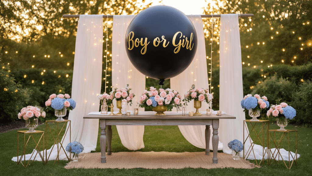 Magical Gender Reveal Balloons: The Ultimate Party Surprise Guide A luxurious gender reveal party setup in a garden at golden hour, featuring a large matte black balloon with gold lettering over a vintage wooden table draped in white chiffon. Surrounded by gold stands with blush pink roses and blue hydrangeas, string lights create a bokeh effect, with a gold balloon arch reading "Boy or Girl?" and scattered rose petals enhancing the scene.