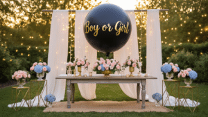 Magical Gender Reveal Balloons: The Ultimate Party Surprise Guide A luxurious gender reveal party setup in a garden at golden hour, featuring a large matte black balloon with gold lettering over a vintage wooden table draped in white chiffon. Surrounded by gold stands with blush pink roses and blue hydrangeas, string lights create a bokeh effect, with a gold balloon arch reading "Boy or Girl?" and scattered rose petals enhancing the scene.