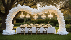 White Balloons: The Ultimate Guide to Versatile Event Decor An elegant garden soirée featuring a dramatic white balloon arch and garlands intertwined with twinkle lights, set beneath crystal chandeliers and a long farmhouse table adorned with fresh floral centerpieces, all captured in soft natural lighting at golden hour.