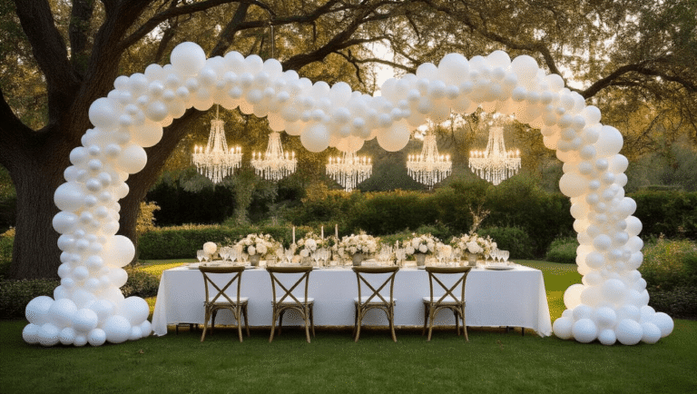 White Balloons: The Ultimate Guide to Versatile Event Decor An elegant garden soirée featuring a dramatic white balloon arch and garlands intertwined with twinkle lights, set beneath crystal chandeliers and a long farmhouse table adorned with fresh floral centerpieces, all captured in soft natural lighting at golden hour.