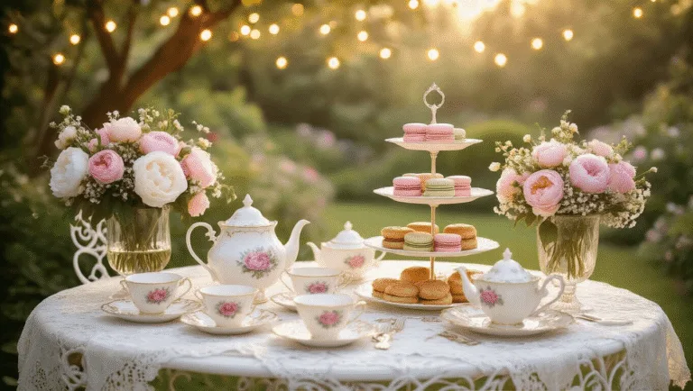 The Ultimate Tea Party Birthday Guide: Creating Magical Memories A dreamy Victorian garden tea party setting with vintage decor, featuring a white wrought-iron table, fine china teacups, pastel treats, and floral centerpieces, illuminated by soft natural light and warm fairy lights.