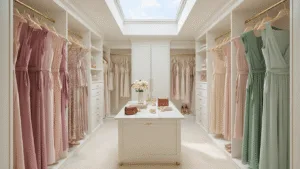 How to Rock a Long-Sleeve Wrap Dress: Your Ultimate Style Guide A luxurious walk-in closet illuminated by morning light, showcasing a collection of elegant wrap dresses in jewel tones and pastels on gold hangers, with accessories on a marble vanity, set against clean white walls and a plush carpet.
