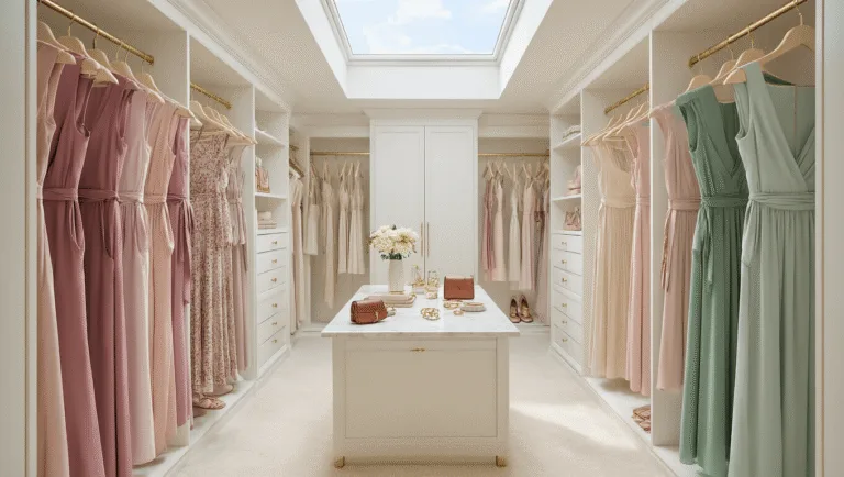 How to Rock a Long-Sleeve Wrap Dress: Your Ultimate Style Guide A luxurious walk-in closet illuminated by morning light, showcasing a collection of elegant wrap dresses in jewel tones and pastels on gold hangers, with accessories on a marble vanity, set against clean white walls and a plush carpet.