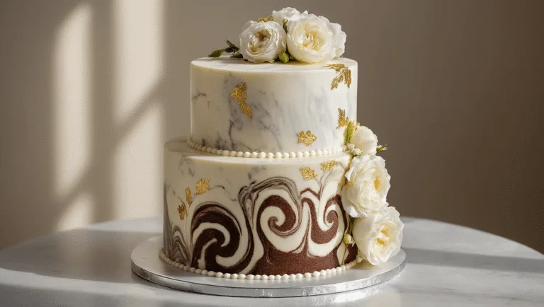 Marble Wedding Cake with Vanilla and Chocolate Layers A stunning four-tiered marble wedding cake with vanilla and chocolate layers, adorned with gold leaf accents and fresh peonies and roses, displayed on a polished silver cake stand against a softly gradient backdrop.