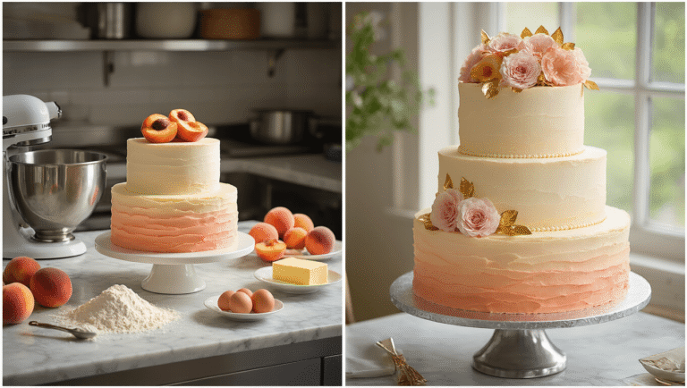 Peach and Cream Wedding Cake: A Dreamy Celebration Dessert Cinematic split image of a professional kitchen: left side shows a marble countertop with ingredients for a peach wedding cake, including flour, fresh peaches, and a stand mixer; right side features the finished three-tiered cake in ombre frosting, adorned with peach slices and edible flowers on a silver stand.