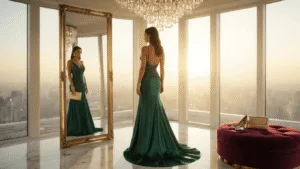 How to Rock a Satin Evening Gown: A Real Girl's Guide to Timeless Elegance A young woman in an emerald satin evening gown admires herself in a tri-fold mirror, surrounded by luxury in a sunlit penthouse with marble floors and a crystal chandelier.