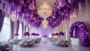Purple Balloons: The Ultimate Guide to Elegant Event Decor An opulent ballroom featuring towering crystal chandeliers, dramatic purple balloon installations, elegant tables with silver linens, and a grand balloon arch entrance, all illuminated by warm golden hour lighting in a hyperrealistic style.