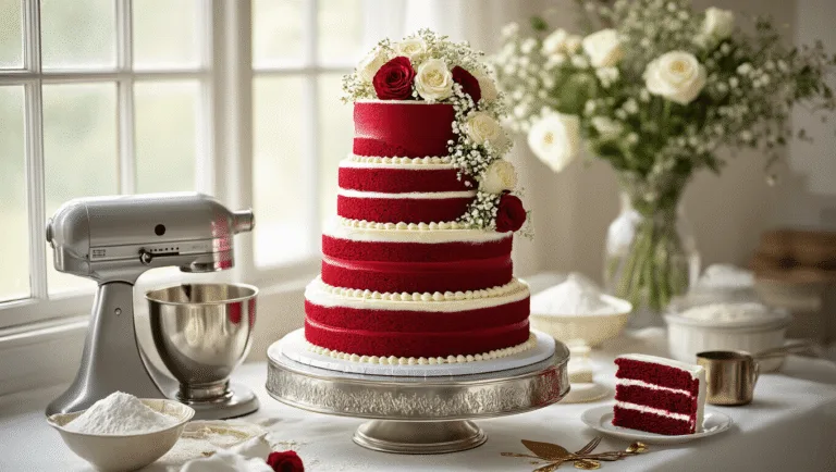 Ultimate Red Velvet Wedding Cake: The Perfect Showstopper Dessert A luxurious three-tiered red velvet wedding cake displayed on a silver pedestal, showcasing deep crimson layers with white cream cheese frosting, adorned with fresh roses and gold leaf, set against a marble countertop with baking tools and rose petals, bathed in soft natural light.