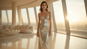 10 Ways to Rock a Sequin Midi Cocktail Dress Like a Fashion Pro A woman in a shimmering silver sequin midi dress stands in a luxurious penthouse, illuminated by warm golden hour light, with minimal crystal earrings and nude sandals, set against a cream-colored minimalist interior.