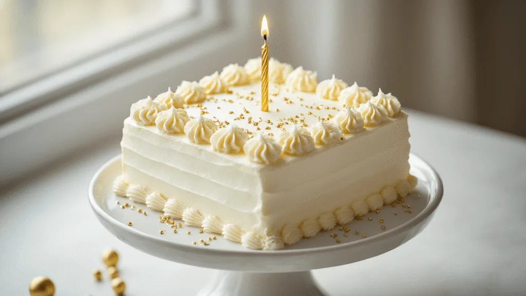Ultimate Square Birthday Cake: Your Perfect Party Centerpiece A beautifully styled square birthday cake with smooth white buttercream frosting, adorned with delicate rosettes and metallic sprinkles, topped with a single gold candle, displayed elegantly on a white ceramic pedestal in soft natural light.