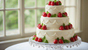Strawberry Basil Wedding Cake: A Romantic Culinary Masterpiece Elegant three-tiered wedding cake on a crystal stand, featuring pearl-like piping, handcrafted strawberry roses, and fresh basil leaves, with a soft natural light background and marble surface reflections.
