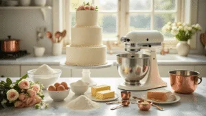 Ultimate Wedding Anniversary Cake: A Delectable Celebration of Love Cinematic view of a sunlit professional kitchen with a three-tiered anniversary cake preparation, showcasing arranged ingredients like fresh eggs, sifted flour, and premium vanilla, highlighted by a KitchenAid mixer. Soft natural light enhances the romantic atmosphere, complemented by fresh roses and a finished tier featuring white fondant and lace detailing.