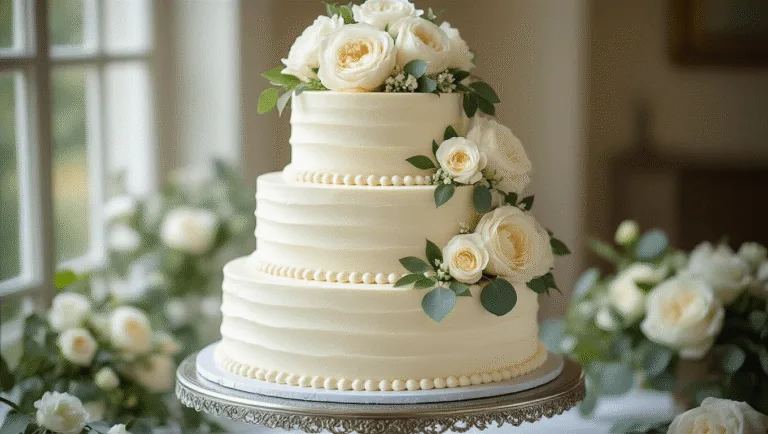 VANILLA BEAN WEDDING CAKE: A LUXURIOUS CELEBRATION CENTERPIECE Three-tiered wedding cake with Swiss meringue buttercream, adorned with fresh white flowers and pearls, on a silver cake stand in an elegantly blurred reception setting.
