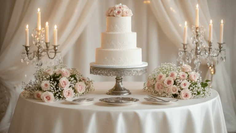 The Ultimate Guide to Creating a Stunning Wedding Cake Table Photorealistic image of an elegant vintage wedding cake table featuring a 3-tier white fondant cake with lace detailing on a silver pedestal, surrounded by blush pink roses and baby's breath, under soft ambient lighting with a sheer white backdrop.