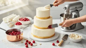Elegant Almond Wedding Cake with Raspberry Filling: A Luxurious Celebration Dessert Overhead view of a three-tiered almond wedding cake assembly in a professional kitchen, featuring white cake layers, glossy raspberry filling, and smooth buttercream, surrounded by fresh raspberries, crystallized almonds, and elegant kitchen tools, all beautifully lit by natural sunlight.