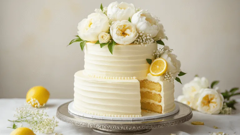 Lemon Elderflower Wedding Cake: A Royal Celebration of Flavor A three-tiered white wedding cake with subtle ombré effect, adorned with fresh flowers and candied lemon slices, displayed on an antique silver stand with a marble surface, featuring a cross-section revealing golden sponge layers and lemon curd, captured in soft natural light.