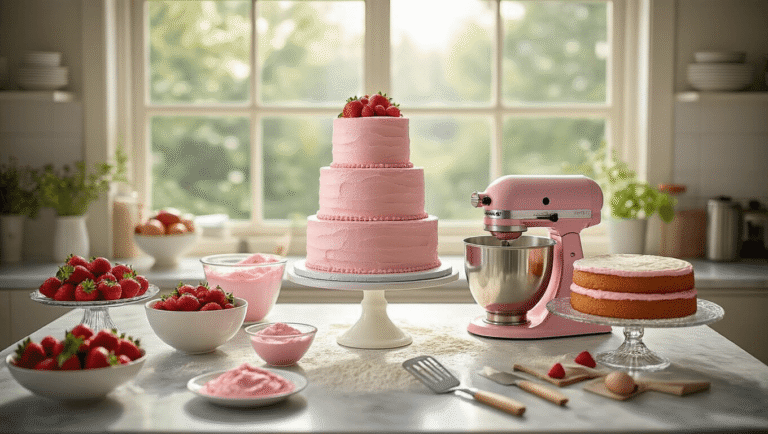 Hibiscus Strawberry Wedding Cake: A Romantic Culinary Masterpiece A professional kitchen scene illuminated by natural sunlight, showcasing the preparation of an elegant three-tiered strawberry hibiscus wedding cake, with pink batter in a KitchenAid mixer, fresh strawberries, and hibiscus flowers arranged on a marble countertop dusted with flour, alongside cooling cake layers and pink buttercream frosting.