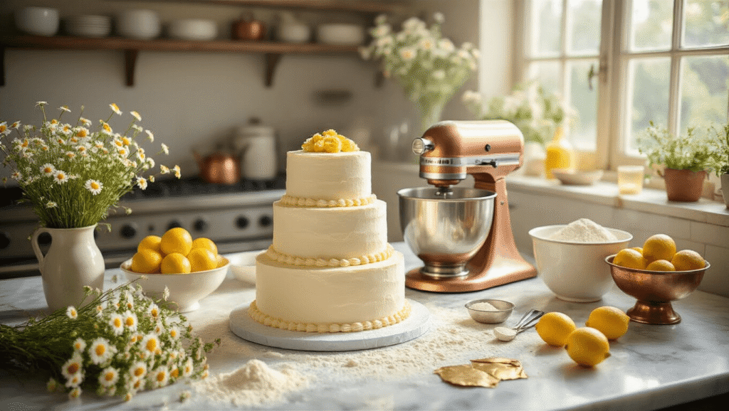 Chamomile Lemon Wedding Cake: A Romantic Floral Masterpiece A sunlit kitchen scene featuring a three-tiered wedding cake preparation, with fresh chamomile flowers, bright lemons, and a vintage copper stand mixer, as a cake layer is frosted with mascarpone buttercream and decorated with edible gold leaf, candied lemon slices, and dried chamomile.