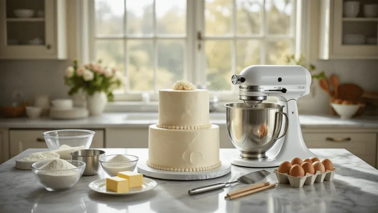 Two-Tier Wedding Cake: The Ultimate DIY Guide Photorealistic scene of a two-tier wedding cake preparation on a marble countertop, featuring a KitchenAid mixer, measured ingredients, cake-decorating tools, and soft natural lighting highlighting textures.