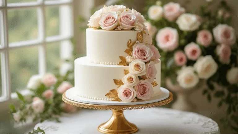Small Wedding Cake: The Ultimate Guide to an Intimate Celebration Dessert Photorealistic two-tier wedding cake with Swiss meringue buttercream, adorned with blush pink and cream garden roses, elegantly displayed on a gold stand against a floral backdrop.