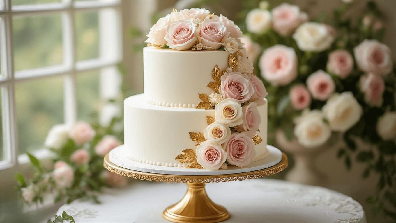 Photorealistic two-tier wedding cake with Swiss meringue buttercream, adorned with blush pink and cream garden roses, elegantly displayed on a gold stand against a floral backdrop.