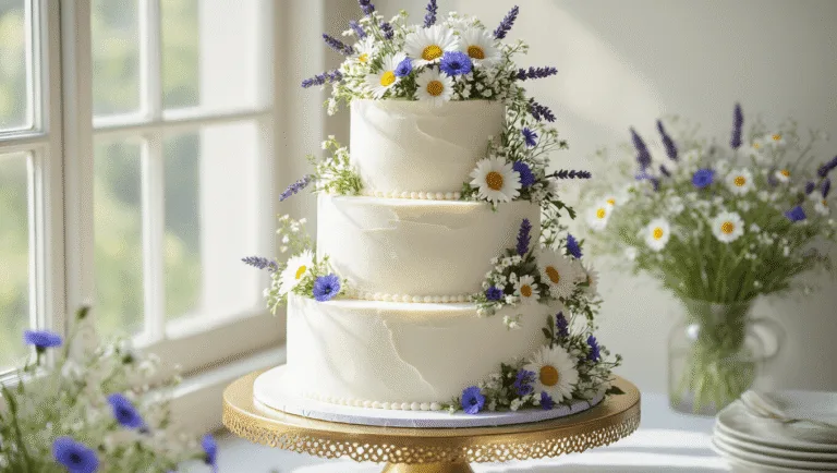Wildflower Wedding Cake: A Botanical Masterpiece A photorealistic image of a three-tiered white wedding cake on a gold stand, adorned with vibrant wildflowers, captured in natural light with a soft-focused marble counter background.