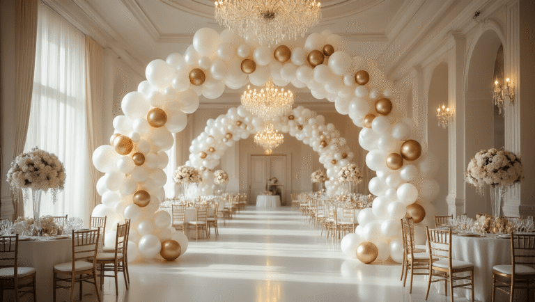 Magical Wedding Balloons: Your Ultimate Guide to Stunning Event Decor A stunning wedding reception in a grand ballroom featuring a dramatic white and silver balloon arch, soft lighting from chandeliers, icy blue table linens, and elegant white rose centerpieces, captured with hyperrealistic detail and a cinematic composition.