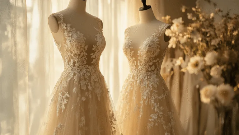 Embroidered Mesh Gowns: Your Complete Guide to Styling These Showstopping Pieces A champagne-colored embroidered mesh gown on a mannequin in a sunlit bridal boutique, with floral details illuminated by warm light, and soft focus background creating a romantic atmosphere.