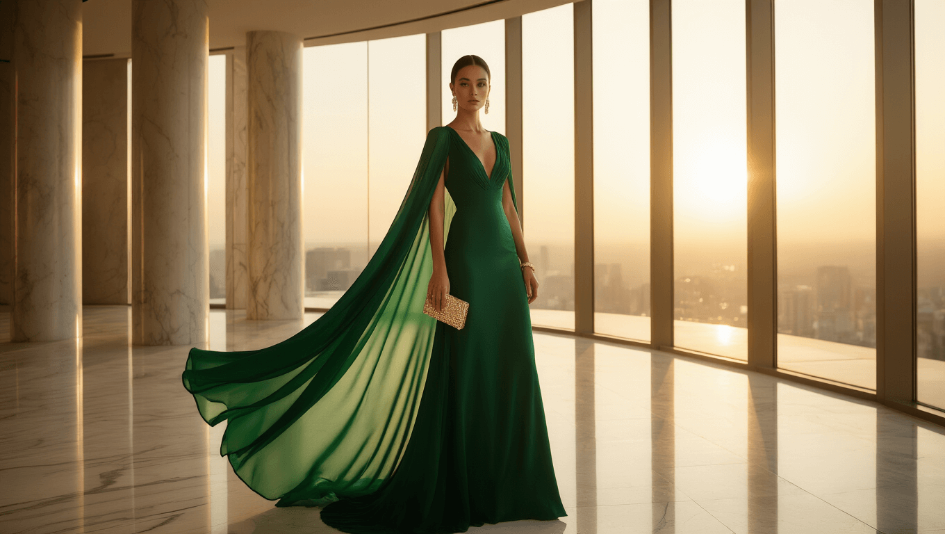 Model in an emerald green floor-length cape gown standing in a luxurious penthouse, with golden hour sunlight illuminating marble floors and a chiffon cape billowing elegantly, minimal diamond accessories, and a metallic clutch.
