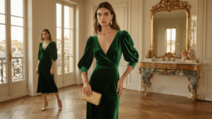 Styling Your Balloon-Sleeve Velvet Dress Luxurious emerald green velvet balloon-sleeve midi dress styled in a Parisian apartment during golden hour, featuring herringbone wood floors, vintage mirror, marble vanity, and accessorized with crystal drop earrings, nude stilettos, and a gold clutch, captured with a soft bokeh effect in warm tones.