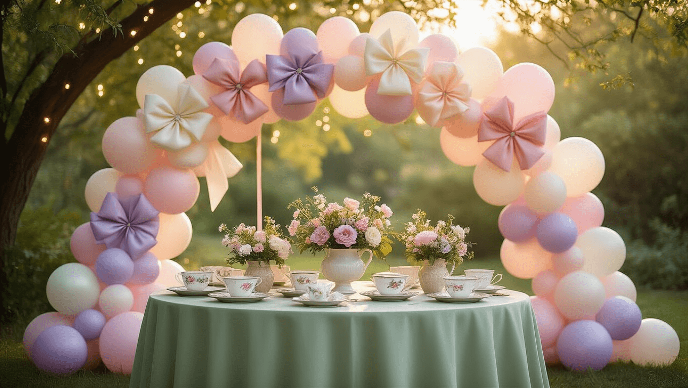 A whimsical garden party setup featuring elegant bow-shaped balloons in pastel colors, with vintage teacups filled with fresh flowers on a sage green table, bathed in warm golden hour light and accented by twinkling fairy lights.