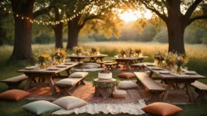 Picnic Birthday Party: The Ultimate Guide to Creating Magical Outdoor Celebrations A dreamy outdoor birthday picnic setup with low tables on vintage rugs, decorated with wildflower bouquets and a naked cake, surrounded by fairy lights and soft cushions, captured during golden hour.