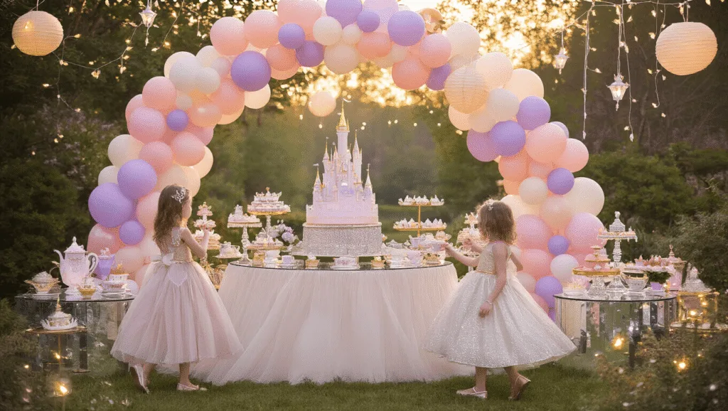 Magical Princess Birthday Party: Your Ultimate Guide to Royally Awesome Celebrations A whimsical garden party scene featuring little princesses in sparkling gowns, a majestic castle-themed cake, and a pastel balloon arch, all illuminated by twinkling fairy lights at golden hour.