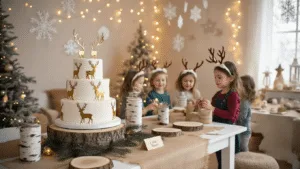 A Magical Reindeer Birthday Party: Winter Wonderland Celebration Guide A cozy living room transformed into an enchanted winter woodland party, featuring a dessert table with a three-tiered cake and gold reindeer silhouettes, children in reindeer antler headbands at a craft table, a hot chocolate station, and a warm color palette of browns, whites, and golds, all under soft, magical lighting.