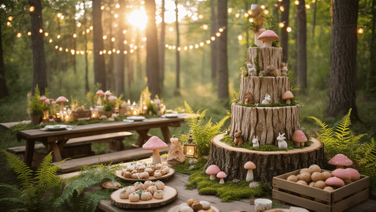 Magical Woodland Birthday Party: Creating an Enchanted Forest Celebration A magical birthday celebration in a sunlit forest clearing, featuring rustic tables with moss decor, a tiered cake resembling a tree stump, and vintage crates of forest-themed treats, surrounded by children in animal masks and ethereal lighting.