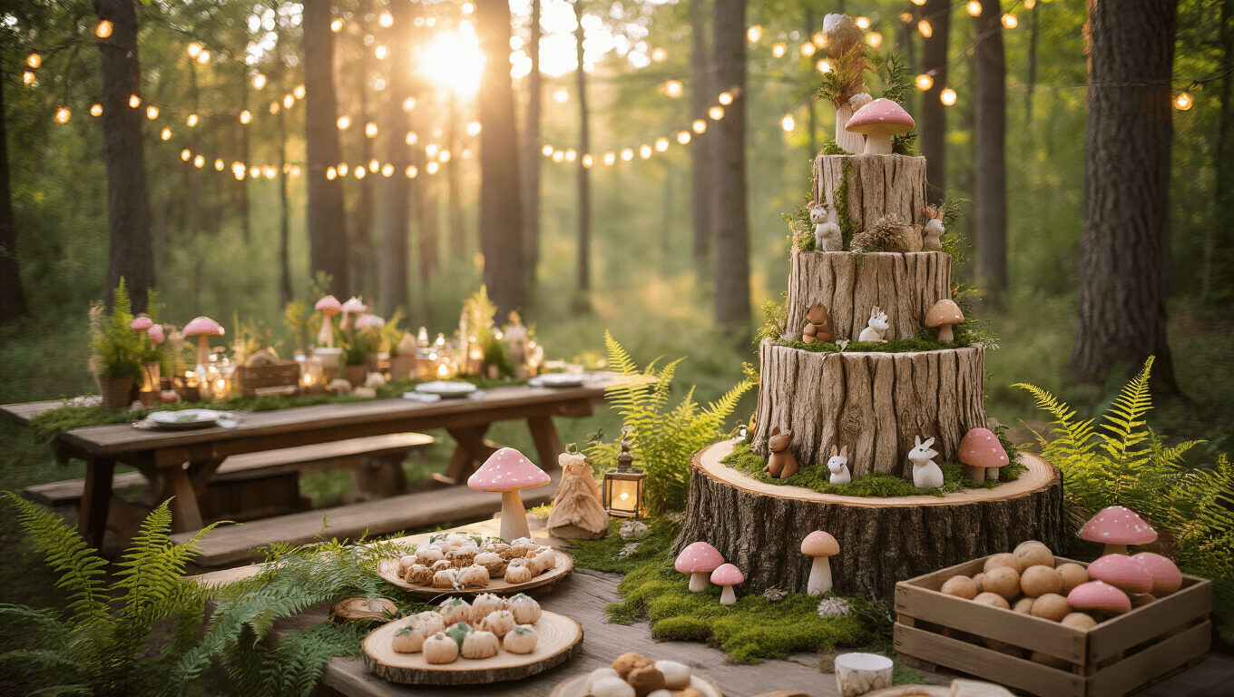 A magical birthday celebration in a sunlit forest clearing, featuring rustic tables with moss decor, a tiered cake resembling a tree stump, and vintage crates of forest-themed treats, surrounded by children in animal masks and ethereal lighting.