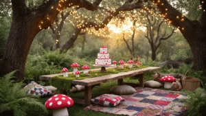 Magical Toadstool Birthday Party: Your Ultimate Guide to Woodland Whimsy Photorealistic image of a whimsical backyard birthday party setup, featuring a rustic wooden table adorned with moss, red and white paper toadstool centerpieces, a three-tiered toadstool cake, twinkling fairy lights, cozy seating areas with plush mushroom pillows, and woodland animal figurines surrounded by ferns and wildflowers, all illuminated by golden hour sunlight.