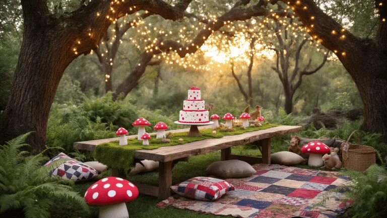 Magical Toadstool Birthday Party: Your Ultimate Guide to Woodland Whimsy Photorealistic image of a whimsical backyard birthday party setup, featuring a rustic wooden table adorned with moss, red and white paper toadstool centerpieces, a three-tiered toadstool cake, twinkling fairy lights, cozy seating areas with plush mushroom pillows, and woodland animal figurines surrounded by ferns and wildflowers, all illuminated by golden hour sunlight.