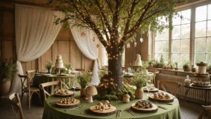 Magical Tree Birthday Party: A Woodland Celebration Guide A whimsical woodland-themed birthday celebration interior featuring a majestic centerpiece tree with fairy lights, round tables with moss-green linens, handcrafted mushroom cookies, wildflower centerpieces, and a rustic dessert cart. The space is adorned with gauzy fabric, pinecones, and vintage lanterns, all illuminated by soft golden hour light.